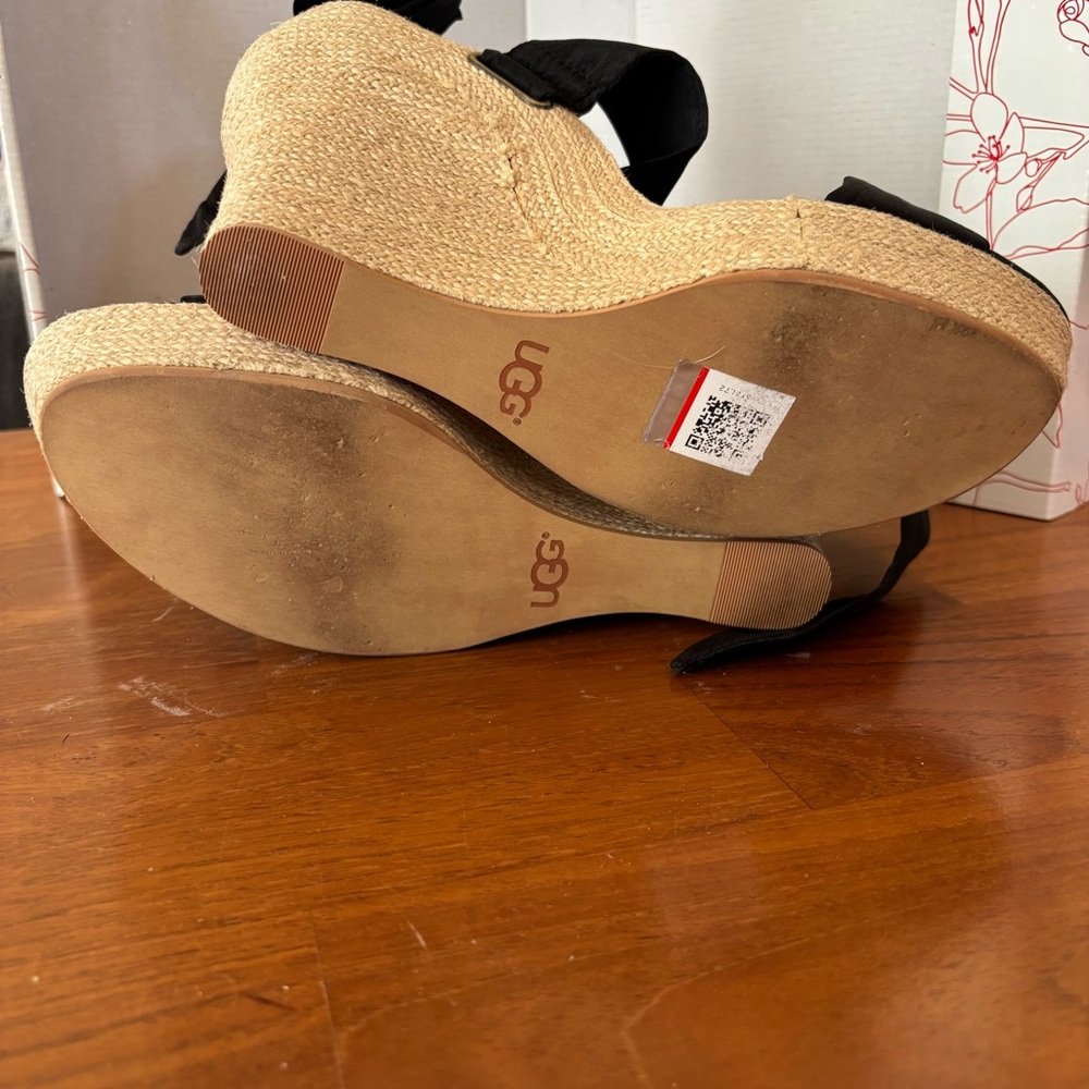 Ugg Women’s Jules Platform Wedge Ribbon Tie Espadrille Sandals Black/Beige sz 9 - Picture 10 of 16